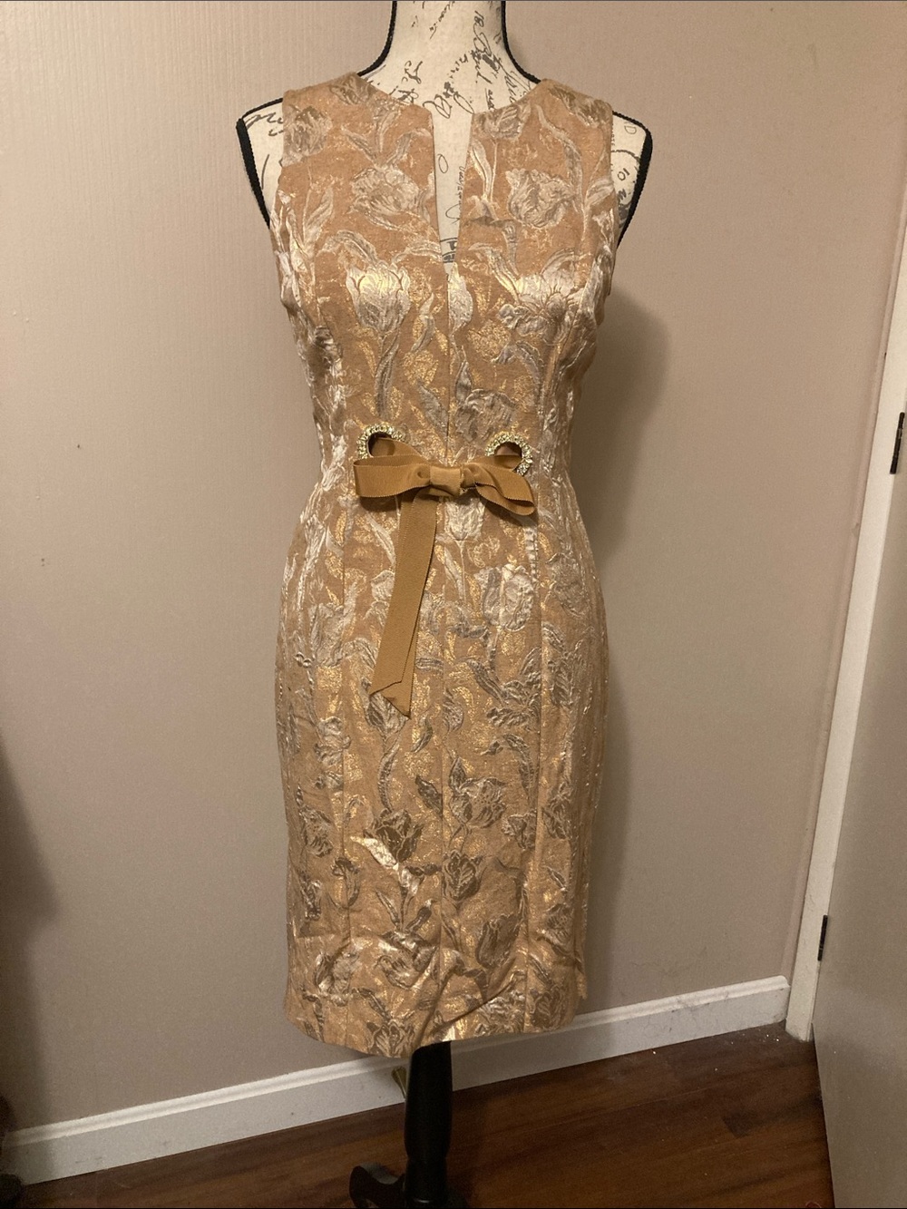 Chetta B Metallic Gold Floral Sheath Dress with Waist Bow
